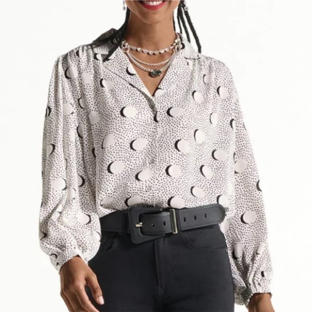 CAbi White Moon Print Button-Front Blouse